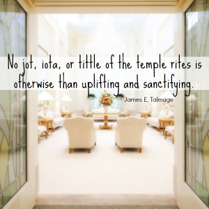 A Mormon temple room with quote from James Talmage about temple rites.