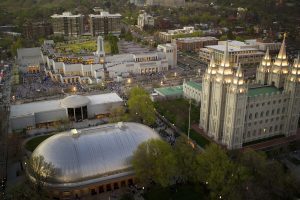 An aerial view of the Temple Square