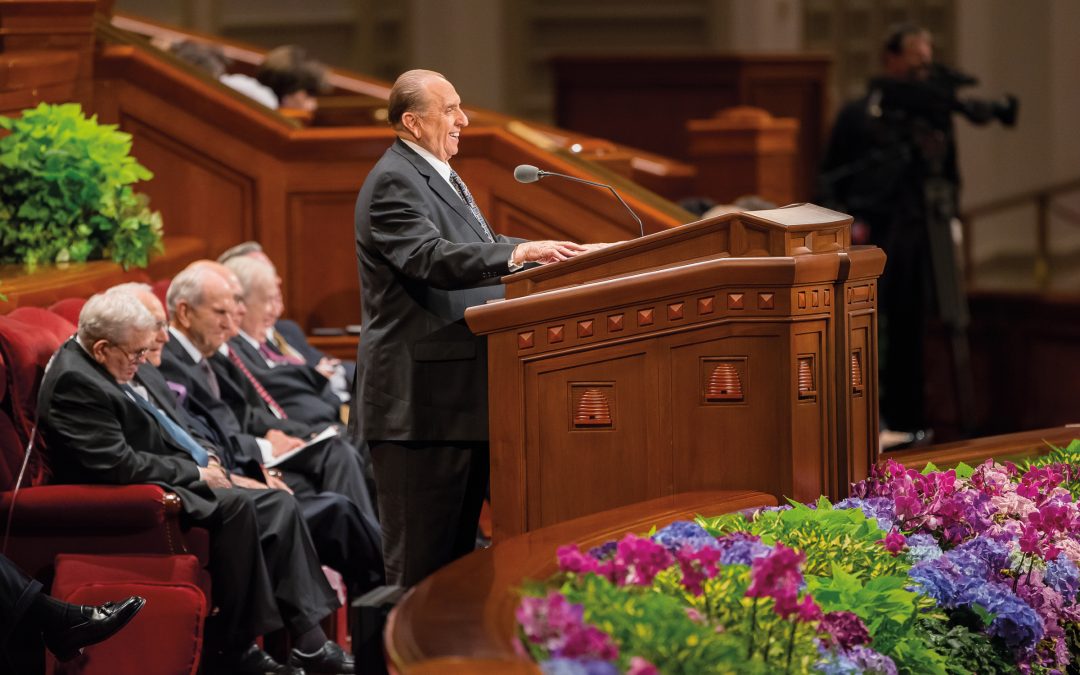 President Monson speaking during General Conference